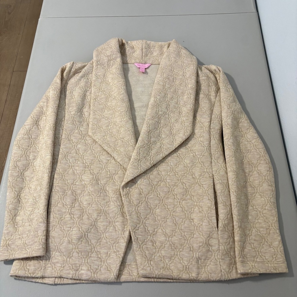 Lilly Pulitzer Textured Knit Open Front Cardigan Sweater Beige Gold Size S